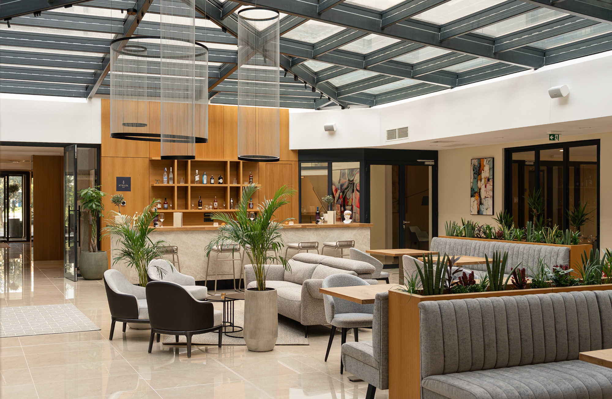 Atrium bar and chandelier