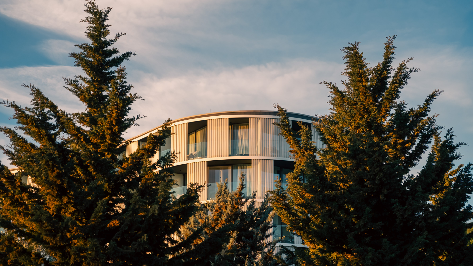 Amarin hotel roofline rising above cypress trees